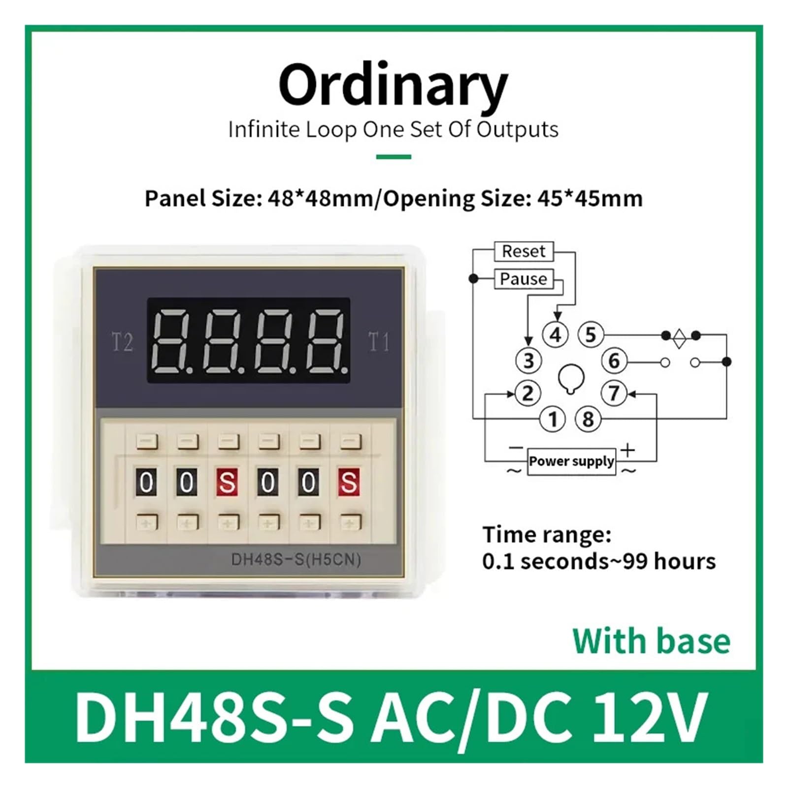 Przekaźnik czasowy DH48S-S Cyfrowy przekaźnik czasowy z podstawą 0,1 S-99H AC 110 V/220 V/380 V DC 12 V/24 V Programowalny timer opóźnienia dla powtarzających się cykli (DH48S-S ACDC12V)