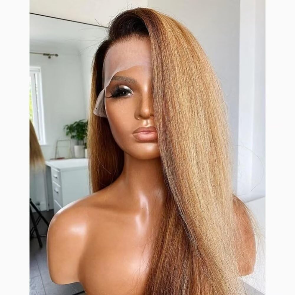 Ombre Blonde Kinky Straight Human hair Wigs Pre Plucked 13X4 HD Transparent Lace Front Wigs Human Hair Yaki Brazilian Remy Hair Glueless Wigs Bleached