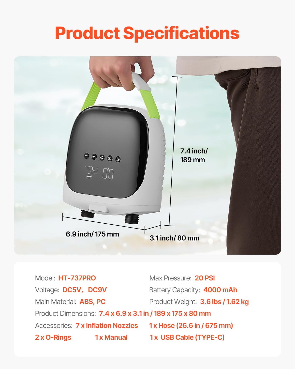 VEVOR Pompe à Air Électrique pour Paddle Haute Pression 20 psi, Gonfleur pour Sup Rechargeable à Deux Étages, avec Arrêt Automatique et Fonction de Dégonflage, pour Bateaux Gonflables Matelas
