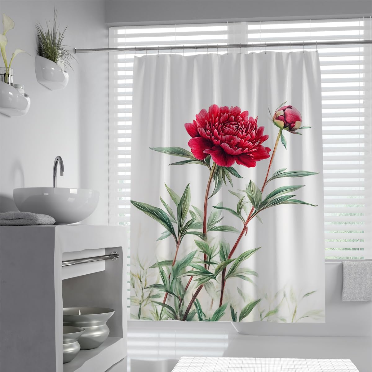 UIRINGART Ruby Red Shower Curtain W200xL220cm Botanical Peony Print with Bud Waterproof Polyester Mildew Resistant Quick Dry Bathroom Screen with Hooks