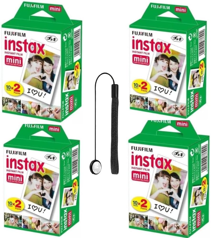 Fujifilm Instax Mini Instant Film for Mini Cameras, White, Credit Card Size with Free Bonus Cap Keeper - 4 x Twin Packs