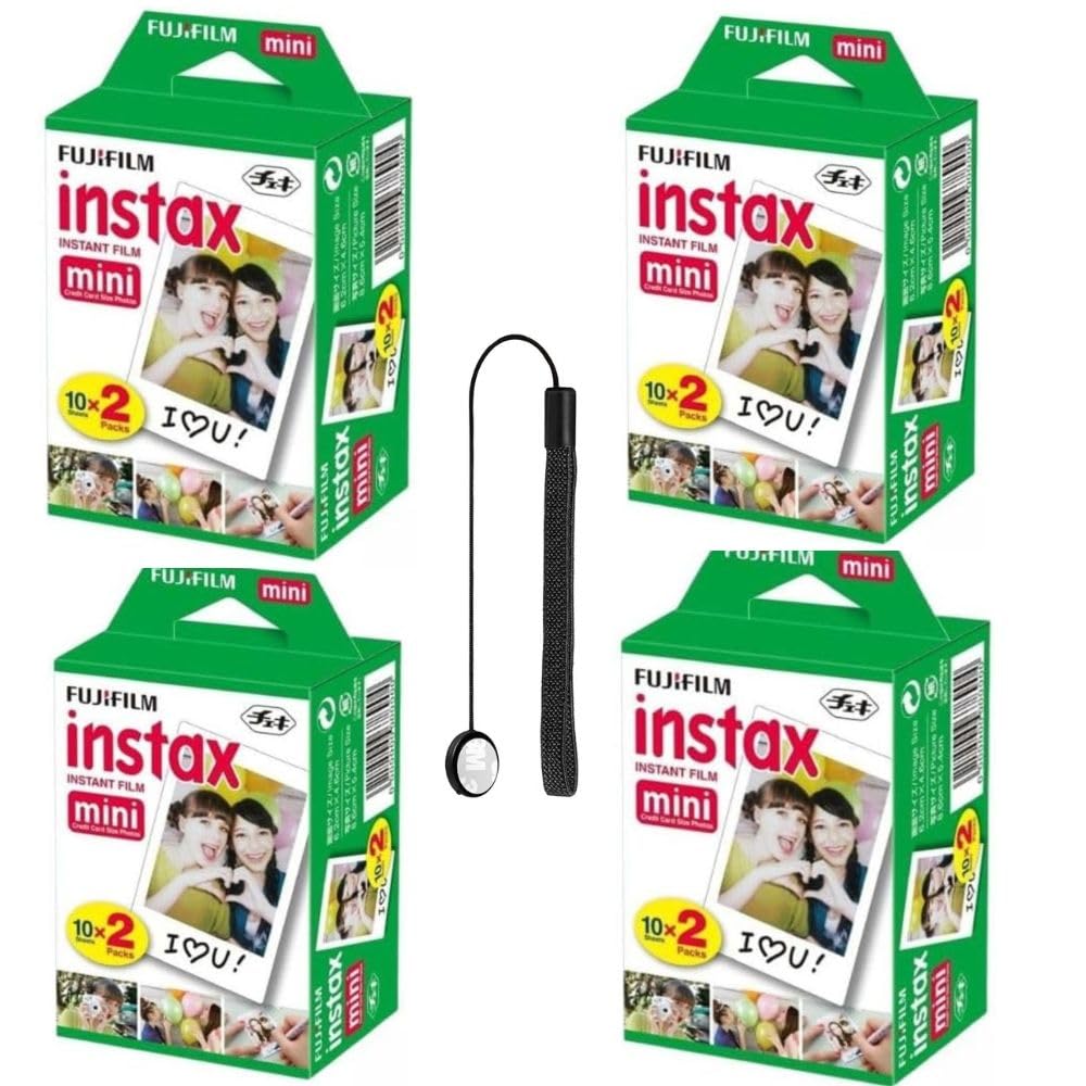 Fujifilm Instax Mini Instant Film for Mini Cameras, White, Credit Card Size with Free Bonus Cap Keeper - 4 x Twin Packs