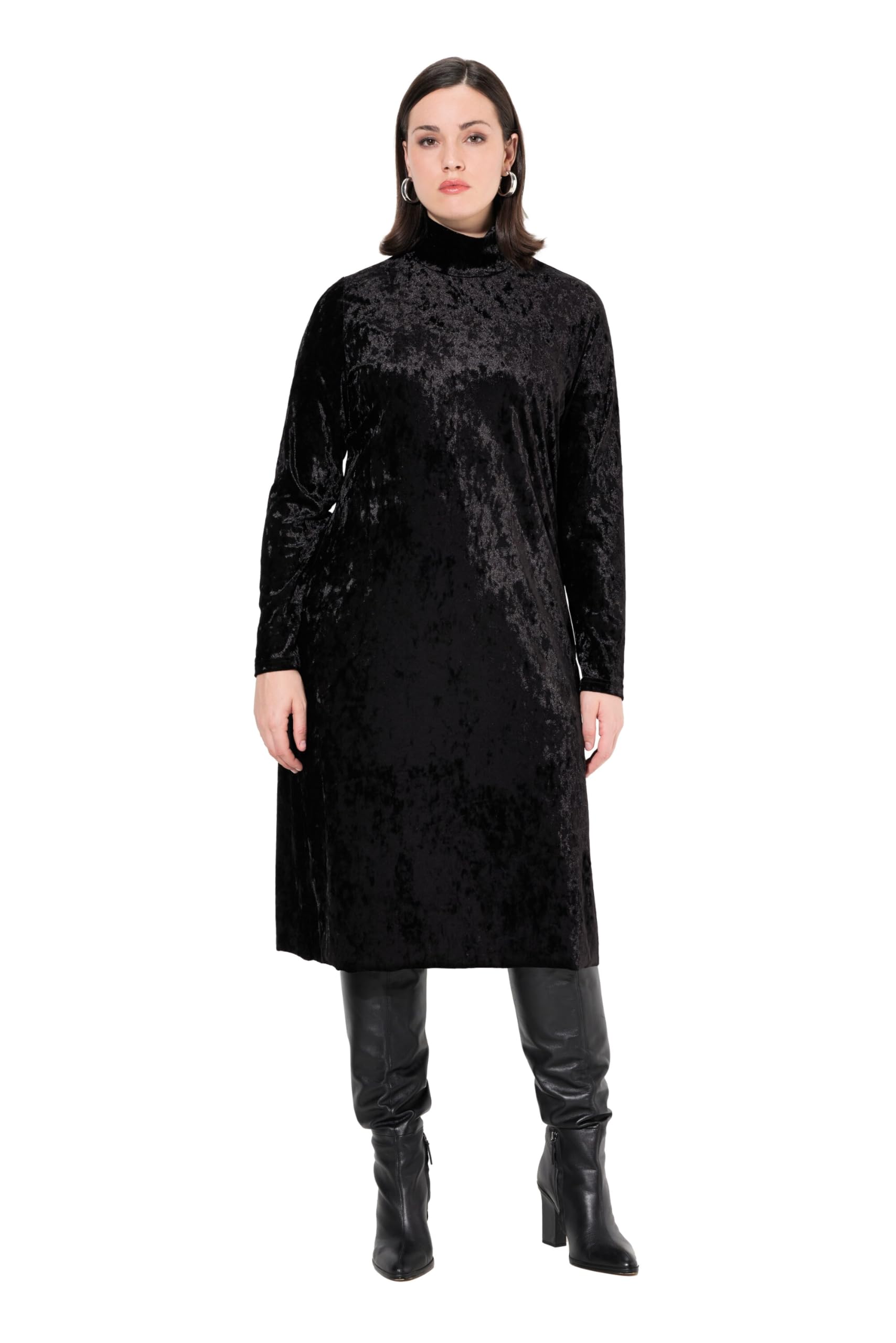 Ulla Popken Damen große Größen Übergrößen Plus Size Maxi-Samtkleid, Slim, Stehkragen, Langarm 834234