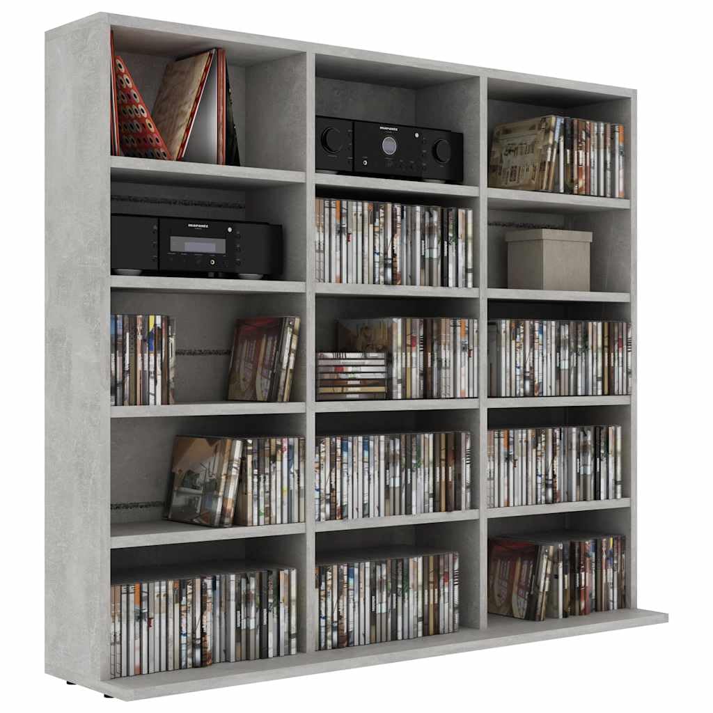 Scaffale per CD, grigio cemento, 100 x 23 x 89,5 cm, in legno con 15 scomparti aperti, per musica, media, TV, soggiorno, vano portaoggetti, gestione dei cavi, durevole, facile da montare