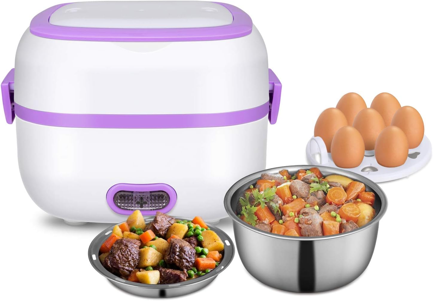 GQU Electric Lunch Box, 3 In 1 Food Heater/Cooker/Steamer with Stainless Steel Bowls, Egg Steaming Tray, Spoon, Measuring Cup for Office, School, Home, Travel