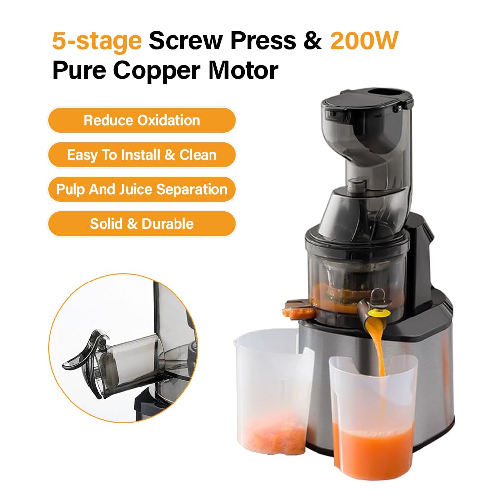 YUEWO Extracteur De Jus 80mm Machine A Jus De Fruit Extracteur Entiers Avec Mastication Inversée Rendement À Jus Élevé Facile À Nettoyer Bruit Bas