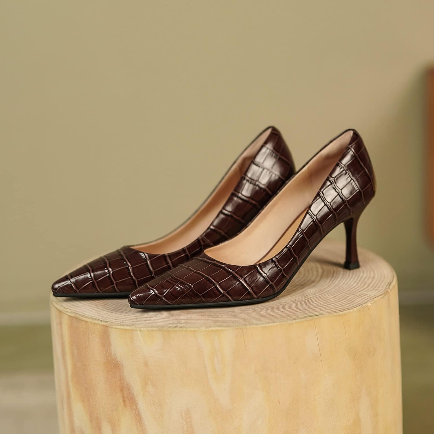 FOWT Simple Solid Croc-Embossed Pointed Toe Pumps Women Dressy Slip on Thin High Heels Sexy Shallow Party Evening Dance Shoes US Size 4-16