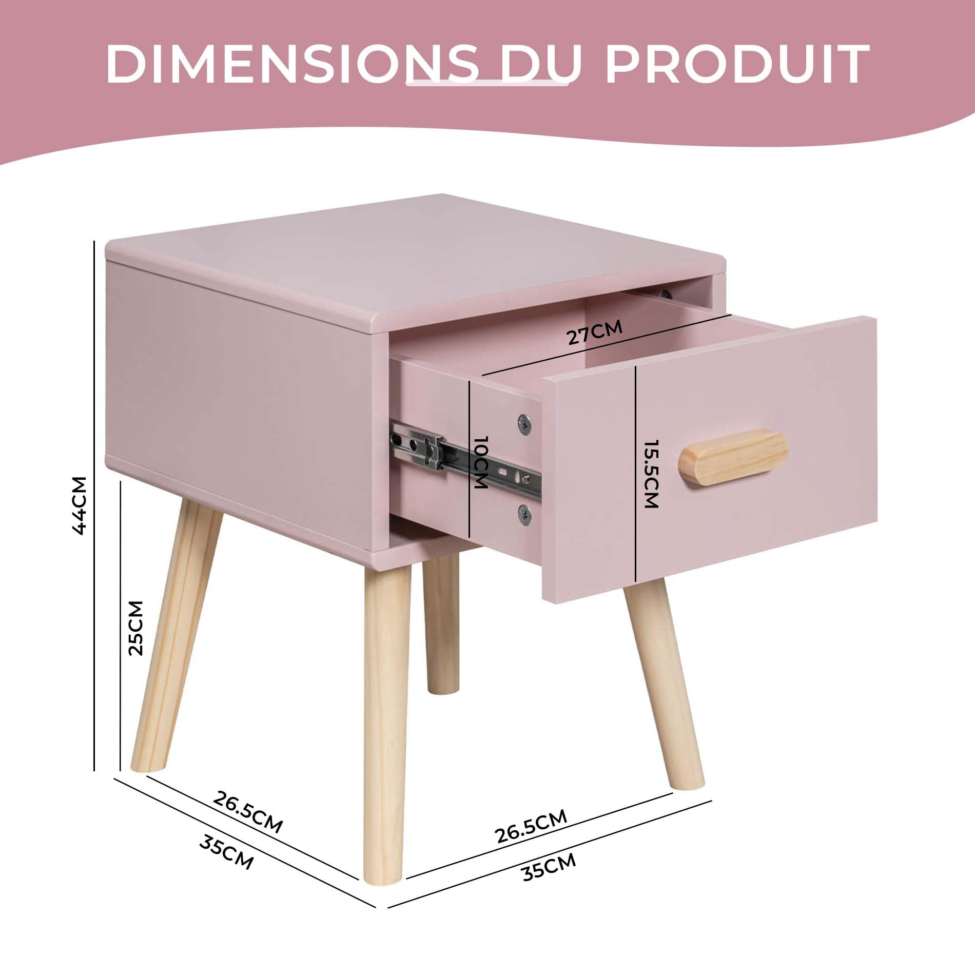 Rebecca Mobili Table de Chevet pour Enfants, Mobilier pour Chambre d'enfant, Rose Marron, Pin MDF, avec 1 Tiroir avec Guides, Gain de Place - Dimensions HxLxP: 44 x 35 x 35 cm - Art. RE6977