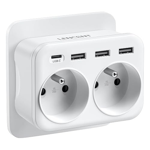 LENCENT Prise USB Secteur Chargeur, Multiprise Murale 6 en 1 avec 2 Sorties AC,1 Type C et 3 USB Multiprise duex Prise Françaises pour Chambre Cuisine Bureau