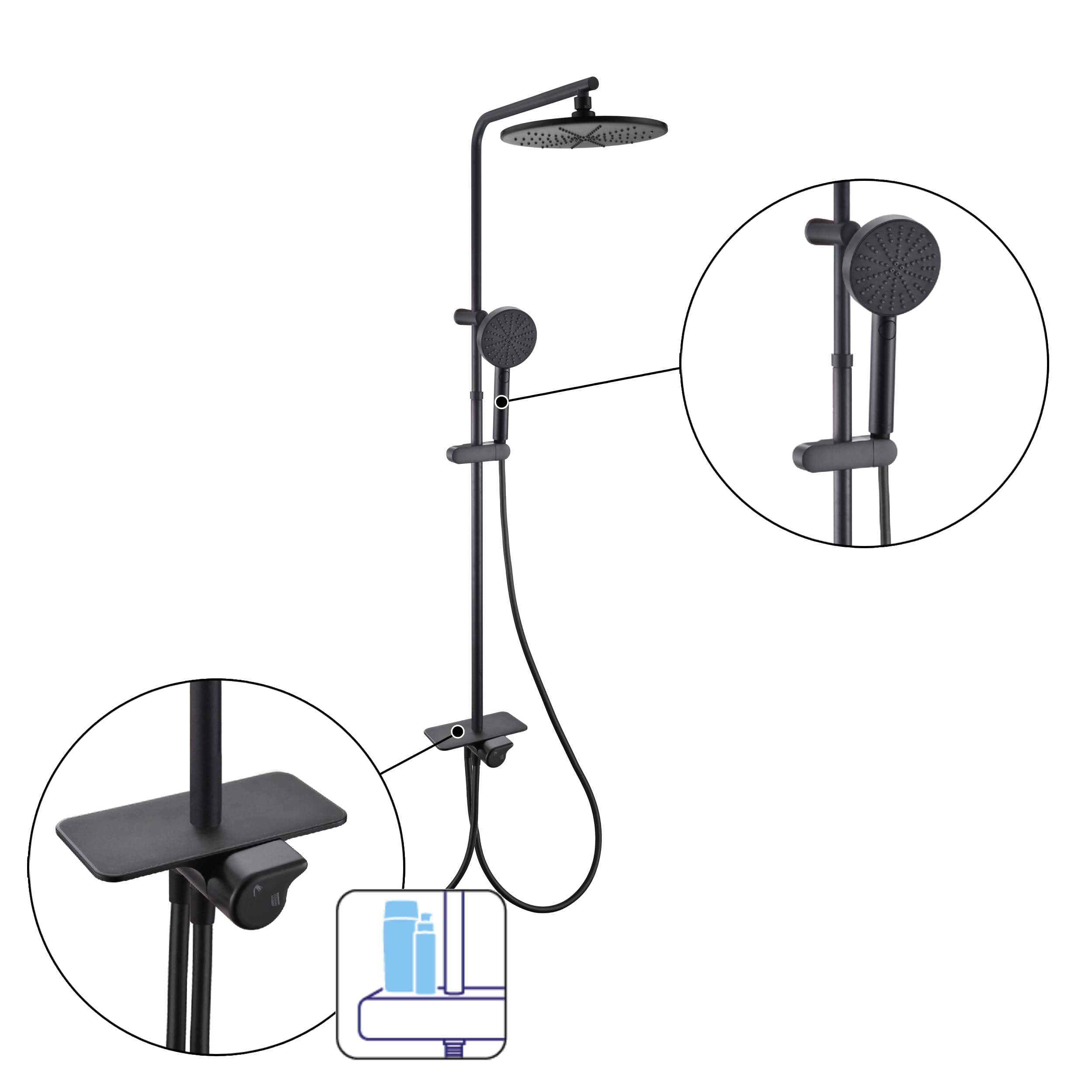 SENSEA Easy Mechanisches Duschsystem Mit Schwenkbarer Kopfbrause & Handbrause – Schwarz Matt, Verstellbar, ACS