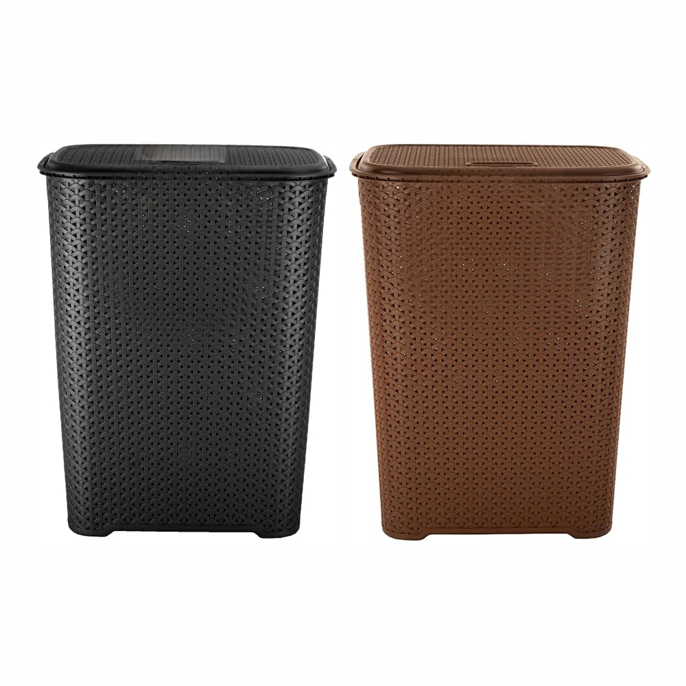 Set of 2-65L Litres Large Plastic Laundry Hamper Storage Basket with Lid Knit design Ventilated Dirty Clothes Basket Freestanding Storage Basket for Bathroom Bedroom Home (Black, Brown)