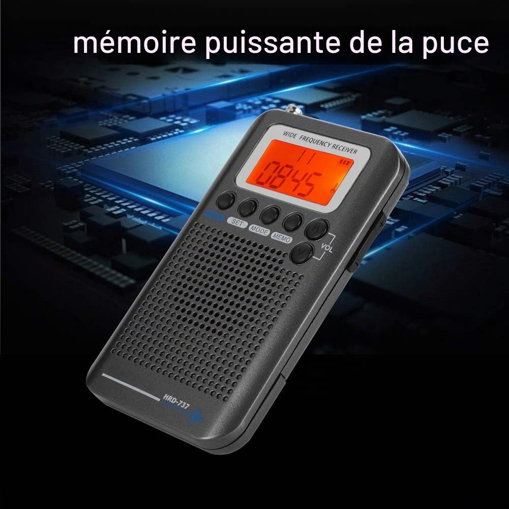 Radio Bande VHF, Récepteur Portable dans la Bande d’Avions, Enregistreur avec Écran LCD et Rétroéclairage(Noir), AIR/FM/AM/CB/S/VHF