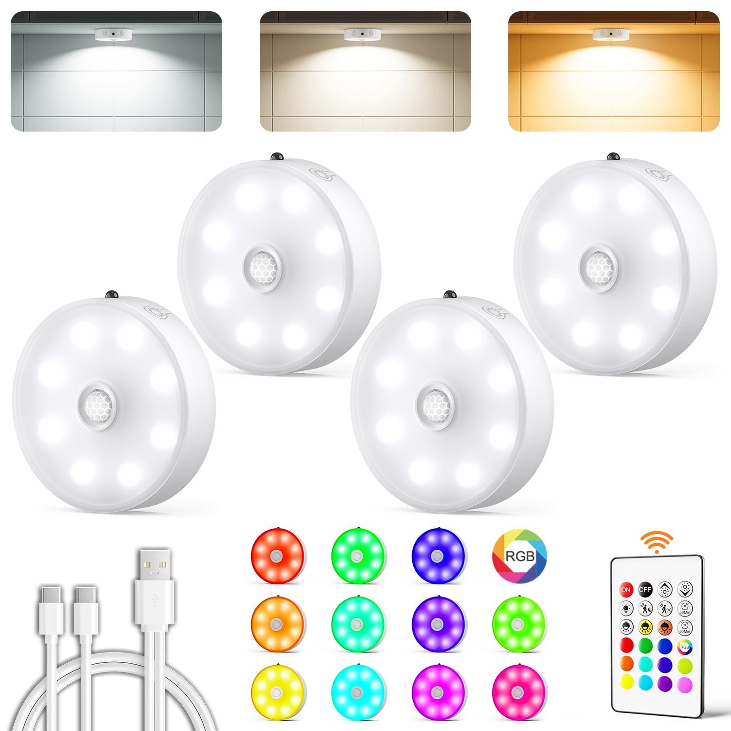 Under Cabinet Lighting,Rechargeable Motion Sensor Puck Lights with Remote 1500mAh Battery,3 Color Temps,12 RGB Color LED Night Light Wireless, Dimmable Under Counter Lights for Closet,Bedroom,Kitchen