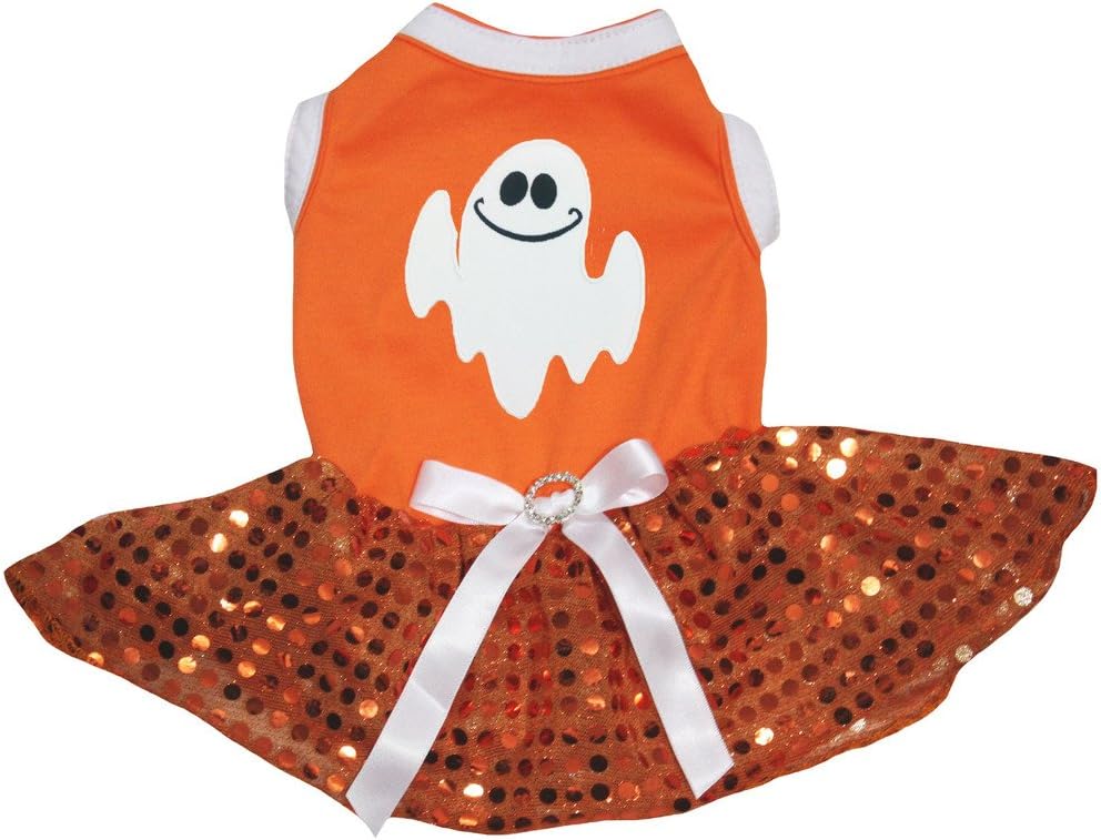Petitebella Little Ghost Puppy Dog Dress (Orange/Sequins, Medium)