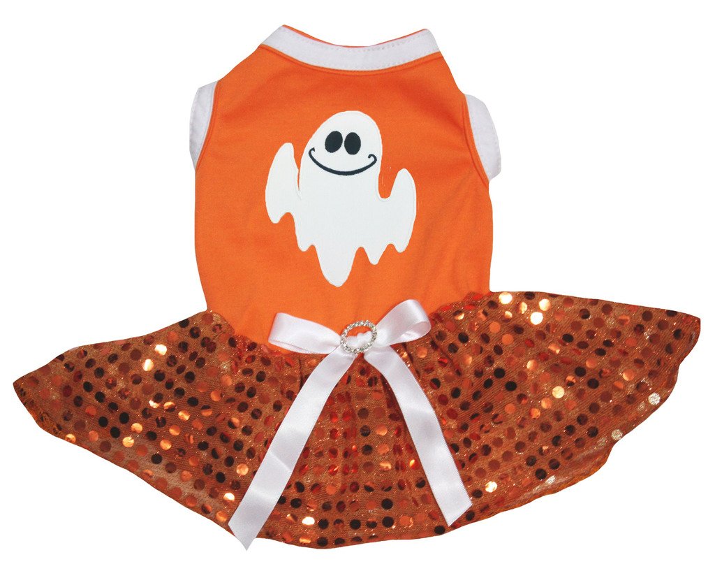 Chiot robe Halloween pour chien orange avec tutu fantôme à paillettes