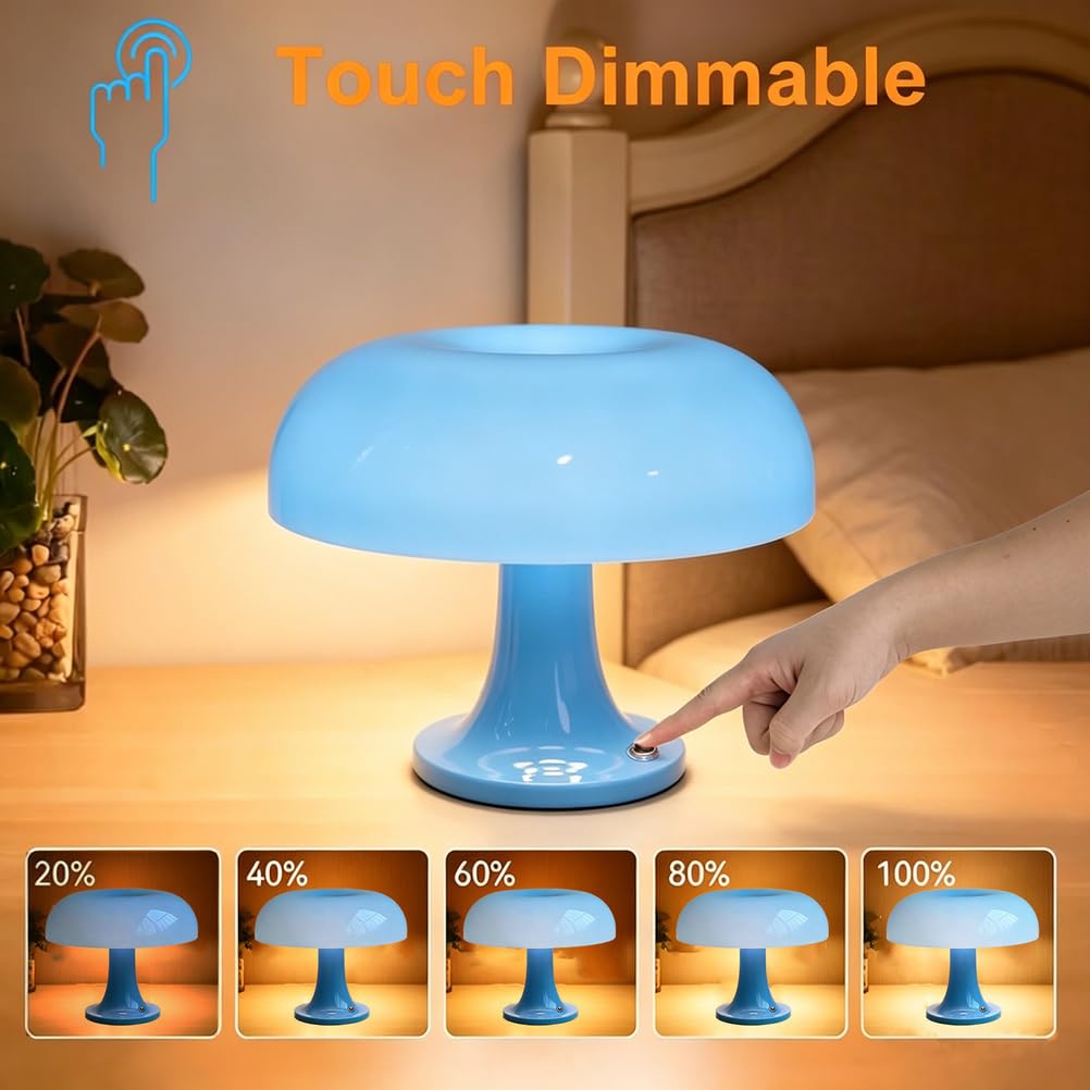 EaEa Pilz Lampe Kabellos Blau LED Tischlampe Akku Dimmbar Touch Nachttischlampe 3000k-6000k Aufladbar Acryl Pilz Tischleuchte für Schlafzimmer Wohnzimmer Esszimmer
