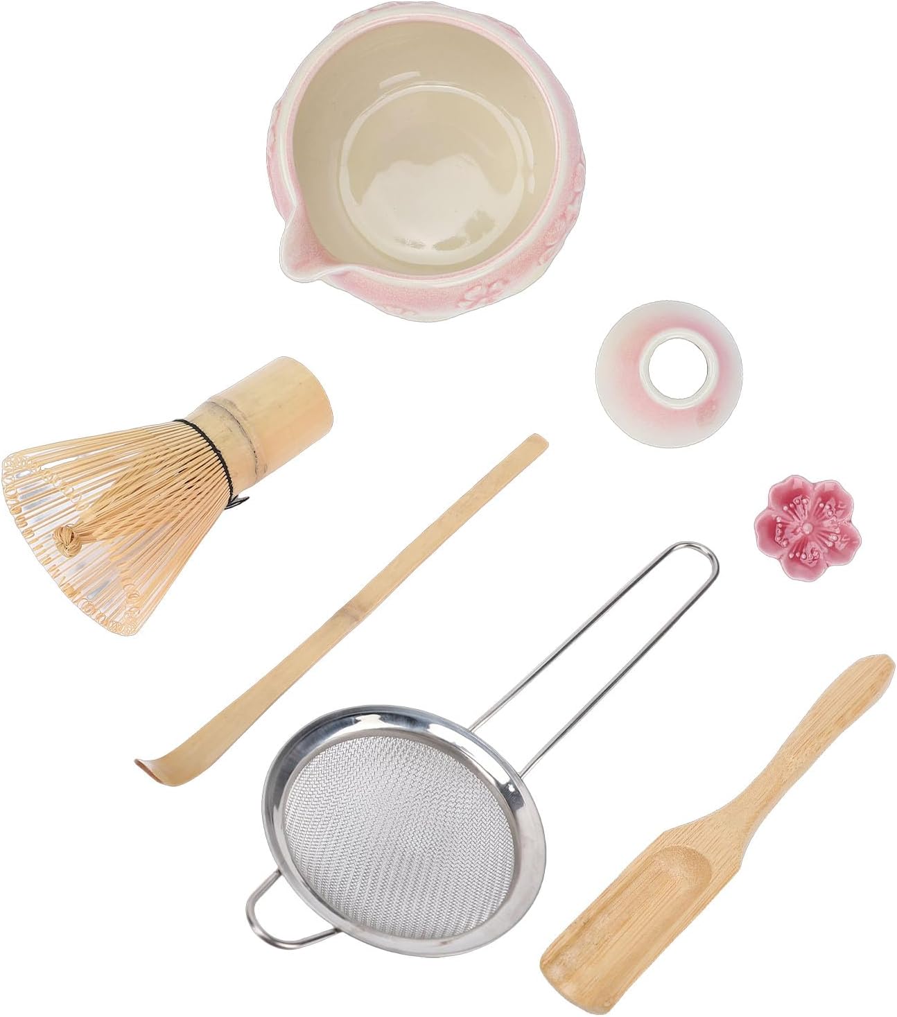 Matcha Whisk Tea Set 7 Pcs Ceramic, Handcrafted Whisk and Bowl Tea Ceremony Kit, Scoop Sifter Stand Embossed Floral Set with Traditional Design, Ideal for Japanese Ceremony & (Pink)
