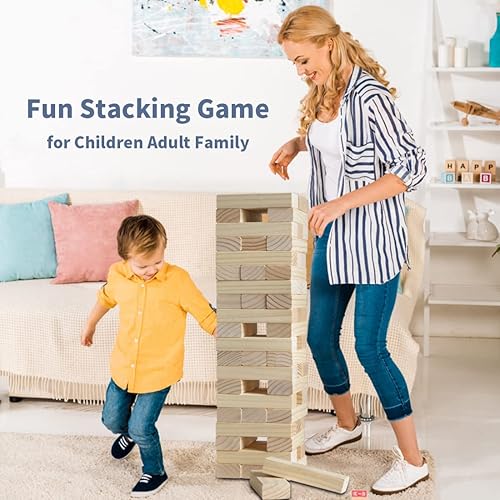 Vista 7 de Juegos familiares de torre gigante para niños y adultos, 60 bloques de madera de pino de Nueva Zelanda que se apilan hasta 5 pies para interiores
