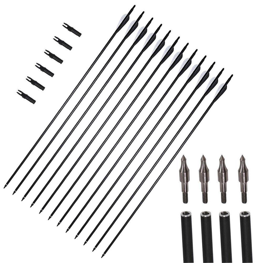 12packs 31inch Archery Carbon Arrows Spine 550 Targeting Arrows with Replaceable Broadhead Nock Rotatable for Recurve Bow Hunting for Recurve Bow Compound Bow Arrows Set Outdoor Shooting