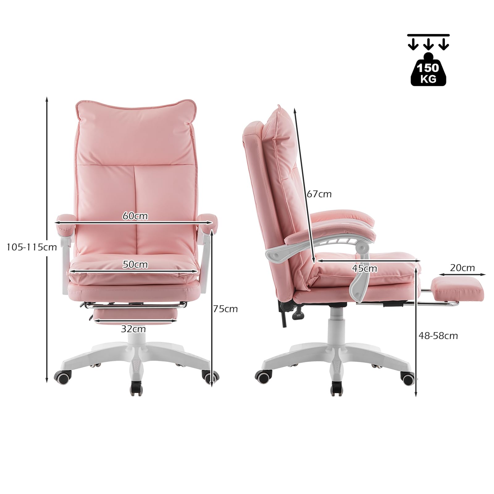 TUKAILAI Bürostuhl Ergonomisch aus Kunstleder, Schreibtischstuhl Drehstuhl Chefsessel Computerstuhl mit Verstellbarer Hoher,Rückenlehne,Gepolsterte Armlehne, Fußstütze,Höhenverstellbarer, Rosa