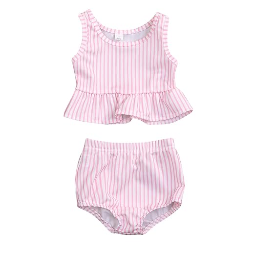 YOUNGER TREE Toddler Baby Girls Summer Swimsuit Sleeveless Striped Swimwear Two-Piece Suit Beach Bikini (Pink, 12-18 Months)