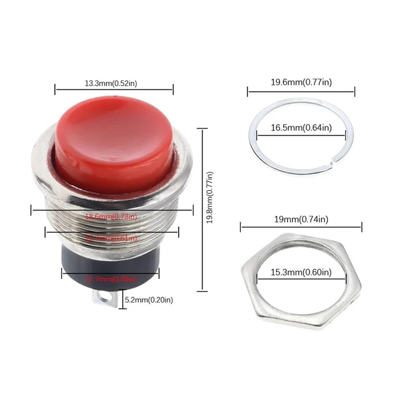 Okrągły przełącznik zasilania DS-212, 16MM, mały automatyczny reset chwilowy przycisk, 5/20 sztuk (czerwony, 100 szt.)