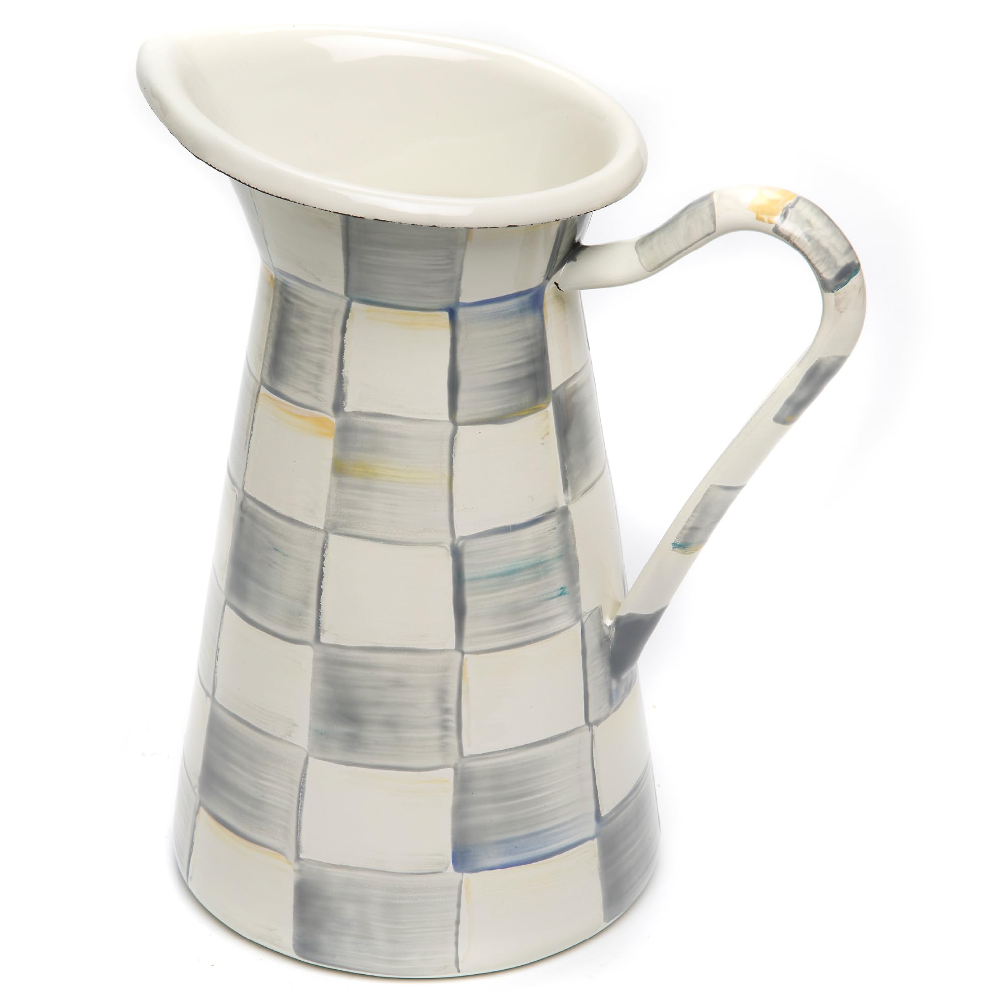 MACKENZIE-CHILDS Practical Enamel Pitcher with Spout, Drink Pitcher for Iced Tea or Water, Flower Vase, Medium, Gray-and-White Sterling Check