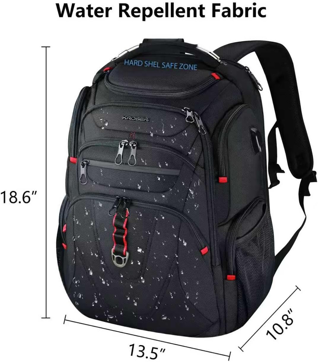 KROSER TSA Friendly Travel Laptop Backpack 17.3 inch XL Computer Backpack Water-Repellent College Daypack Business Backpack with RFID Pockets & USB Port for Men/Women-Black Black-17.3 17.3 inch