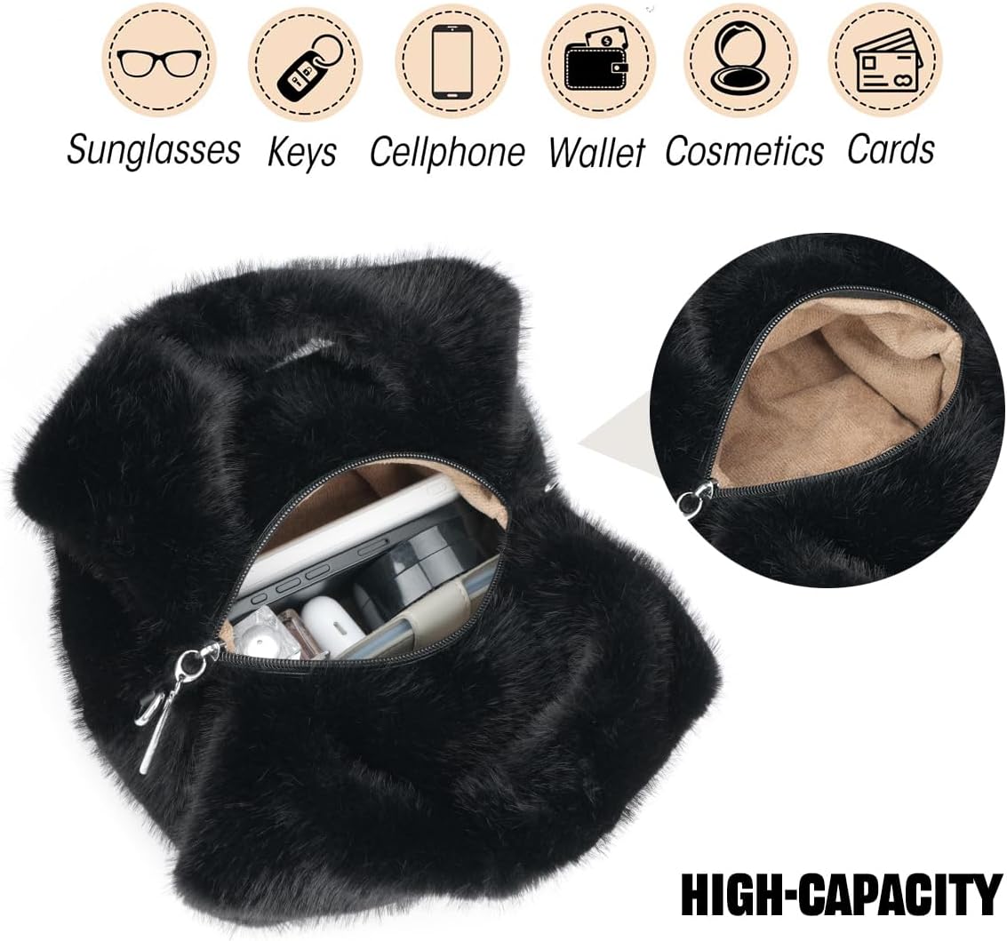 Winter Small Crossbody Bag for Women Faux Rabbit Fur Hobo Bag, Soft Plush Shoulder Handbag Furry Purse with Chain Strap - Image 7