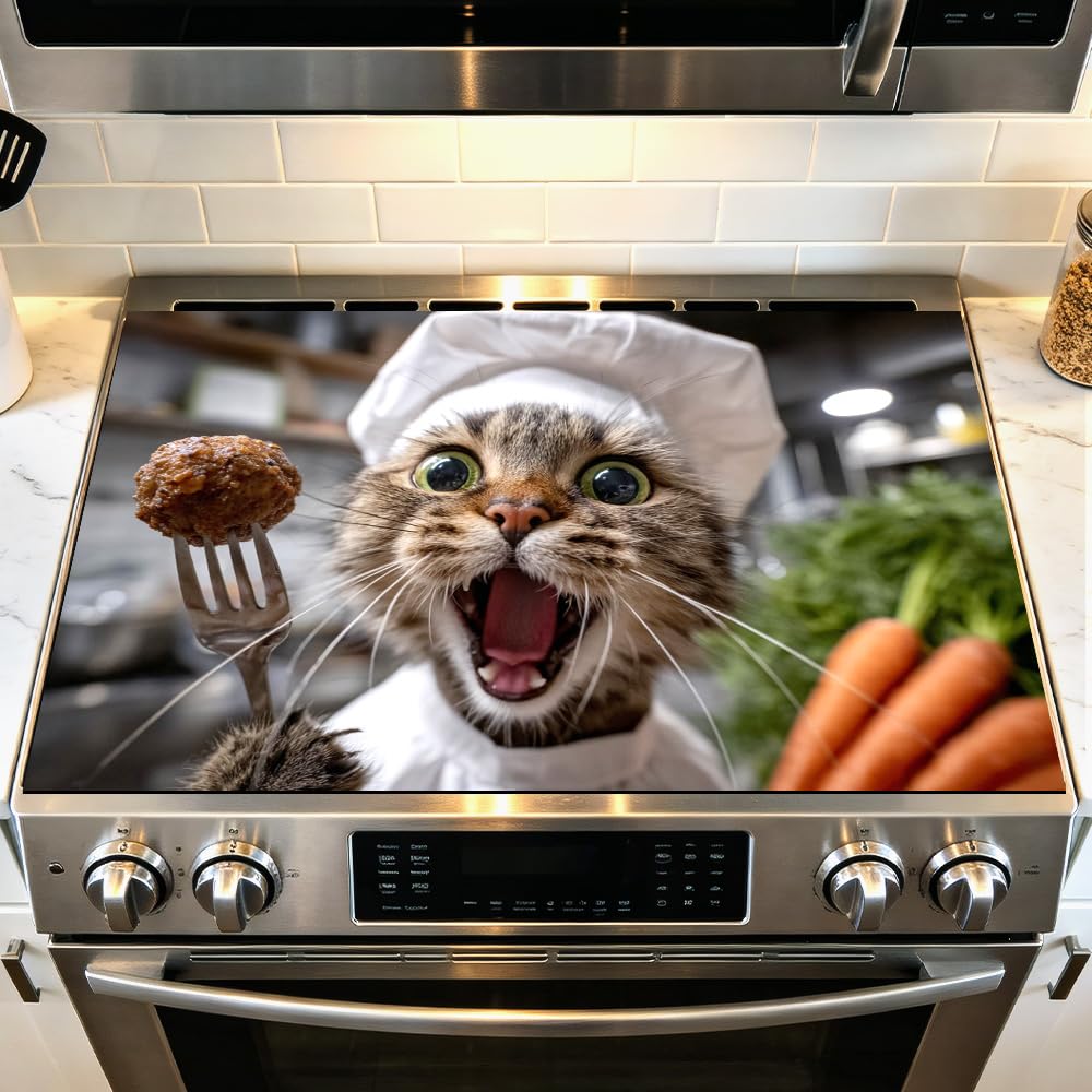 Funny Cat Chef Stove Top Covers for Electric Stove, 28.4x20.5 in