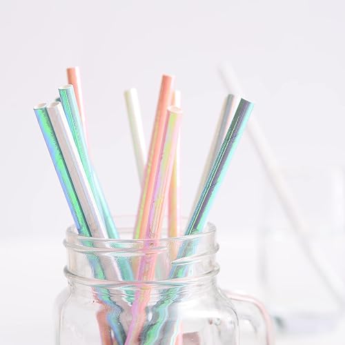 Miniatura 3 de YAOSHENG Pajitas de papel iridiscente, paquete de 100 unidades para suministros de fiesta, cumpleaños, boda, noviababy shower, jugo, batidos, batidos