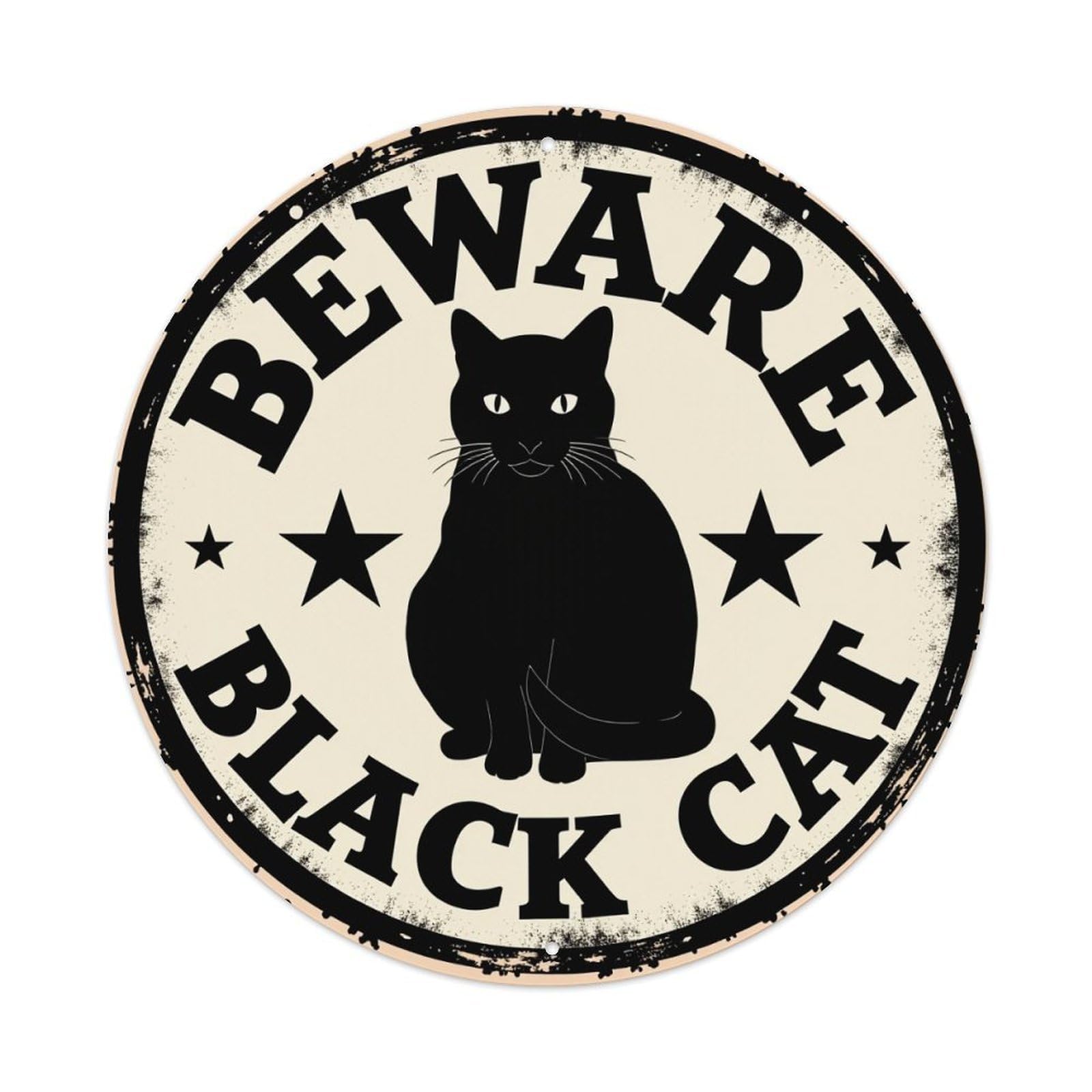 Beware Black Cat Sign Pattern Round Tin Sign Vintage Metal Poster, Home Bar Garage Man Cave Cafe Indoor & Outdoor Wall Decoration 8x8Inches