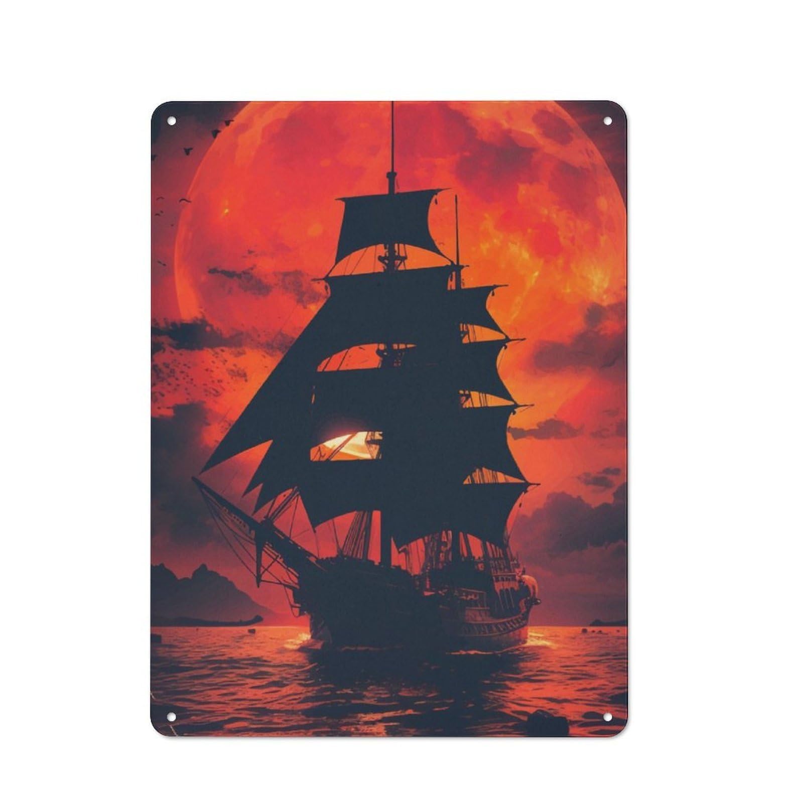 Junmoney Ship Sunset Landscape Metal Plaque 40X30cm With For Pub Or Café, Rustic Decor, For Pub Decor Enthusiasts