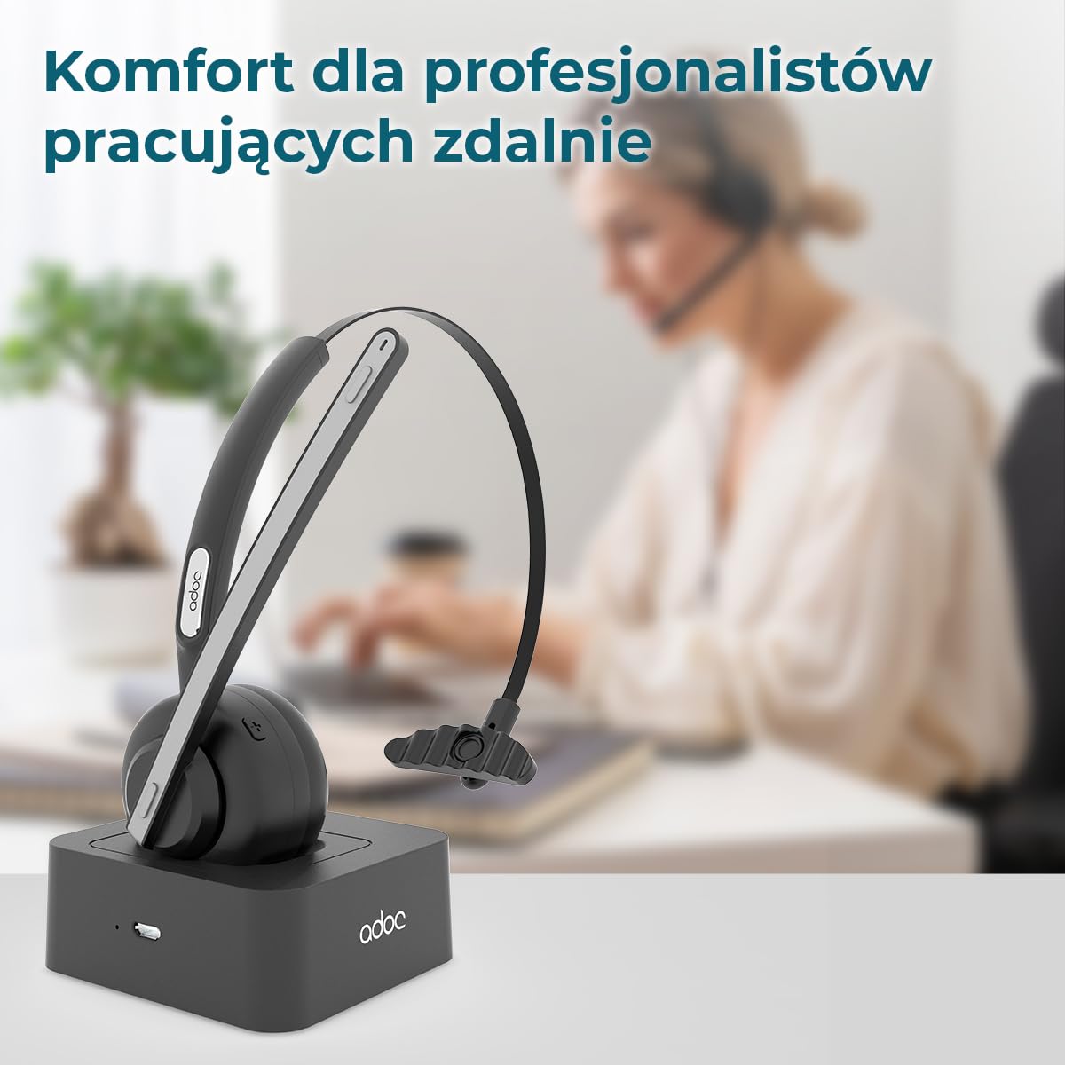 ADOC Słuchawki Bluetooth 5.0 z mikrofonem BT01, redukcja szumów, regulowany pałąk, skórzana podkładka, klawisz wielofunkcyjny, bateria 180 mAh.