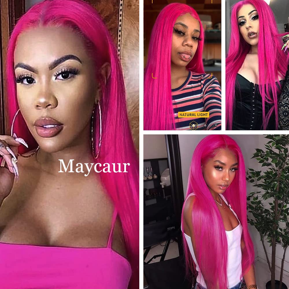 Maycaur Long Straight Hot Pink Lace Front Wigs Pre Plucked Hairline Glueless Hair Rose Red Synthetic Lace Front Wigs for Fashion Women Heat Resistant Fiber: #Rose Red