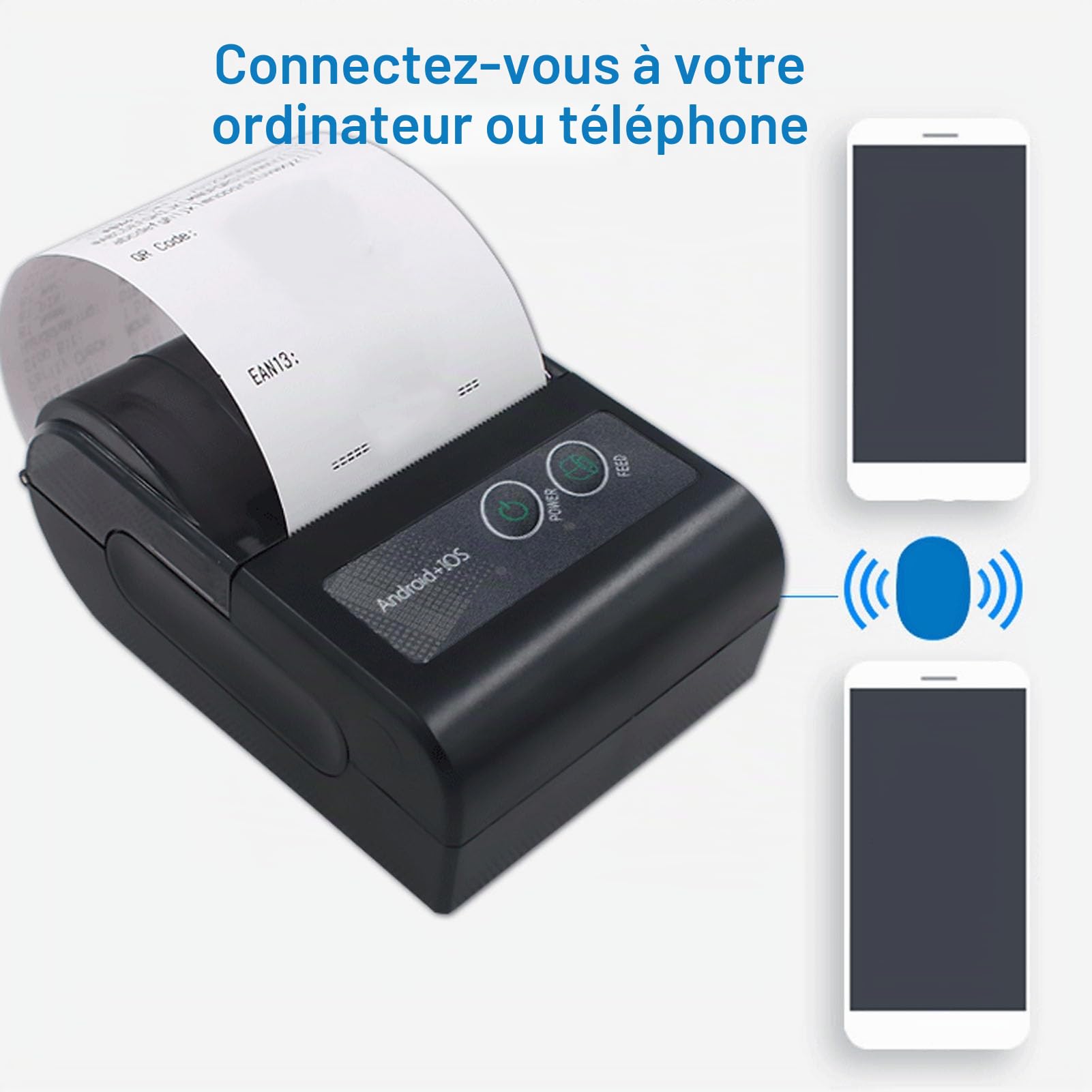 Bewinner Imprimante de Reçus Bluetooth, Imprimante Thermique Portable, Mini-imprimante de Tickets sans Fil avec Mise en Veille/réveil Automatique pour Les Ventes au Détail de Restaurants
