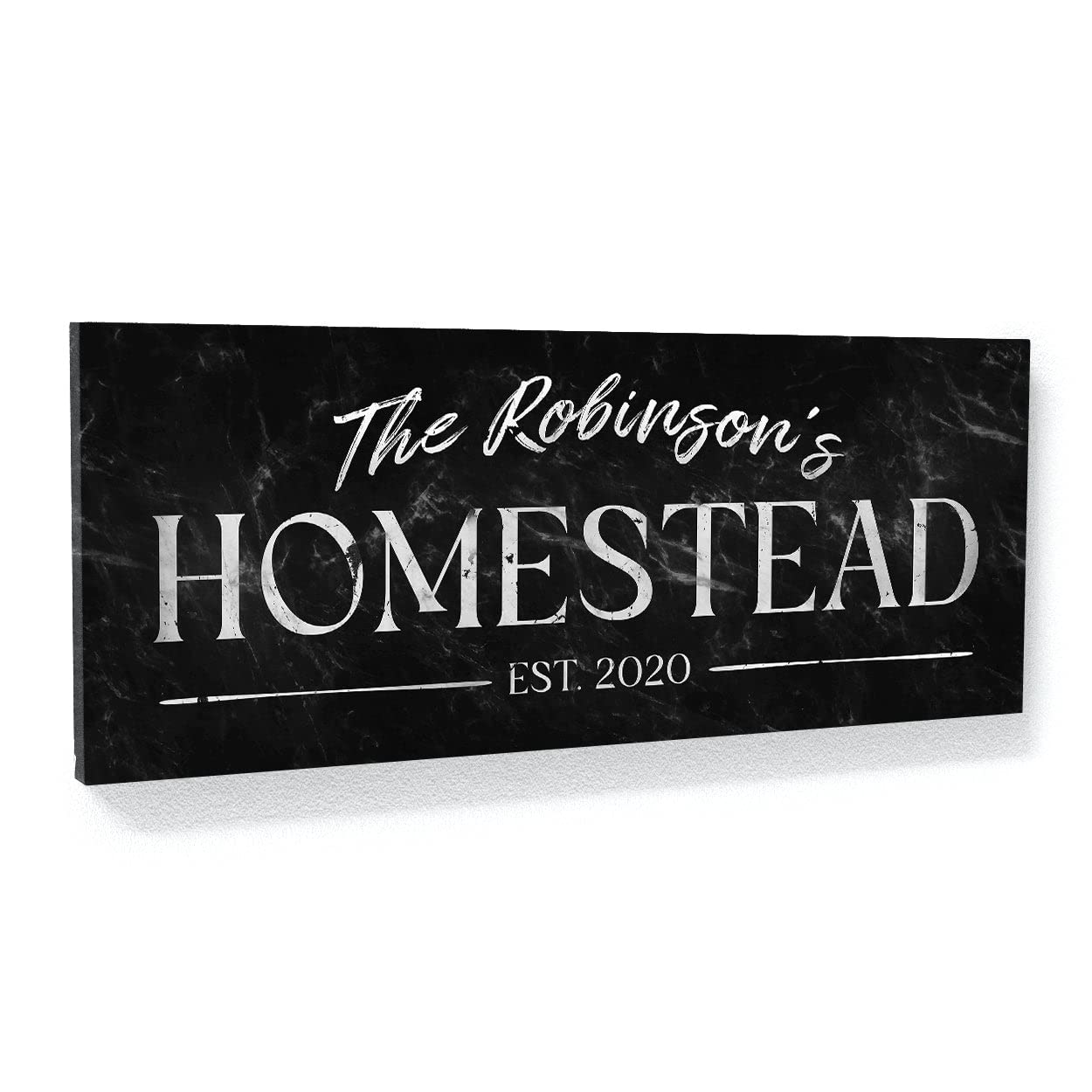 Cartel personalizado de mármol negro con nombre familiar para casa de campo, porche, patio, apellido establecido, decoración del hogar, arte de pared, pintura grande, 40 x 16 pulgadas, lienzo sentido