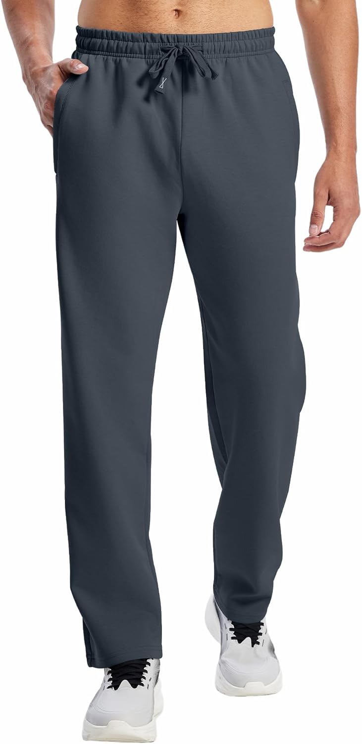 HIBETY Men's Cotton Yoga Sweatpants Open Bottom Athletic Lounge Pants Straight Leg Casual Pants for Men with Zipper Pockets