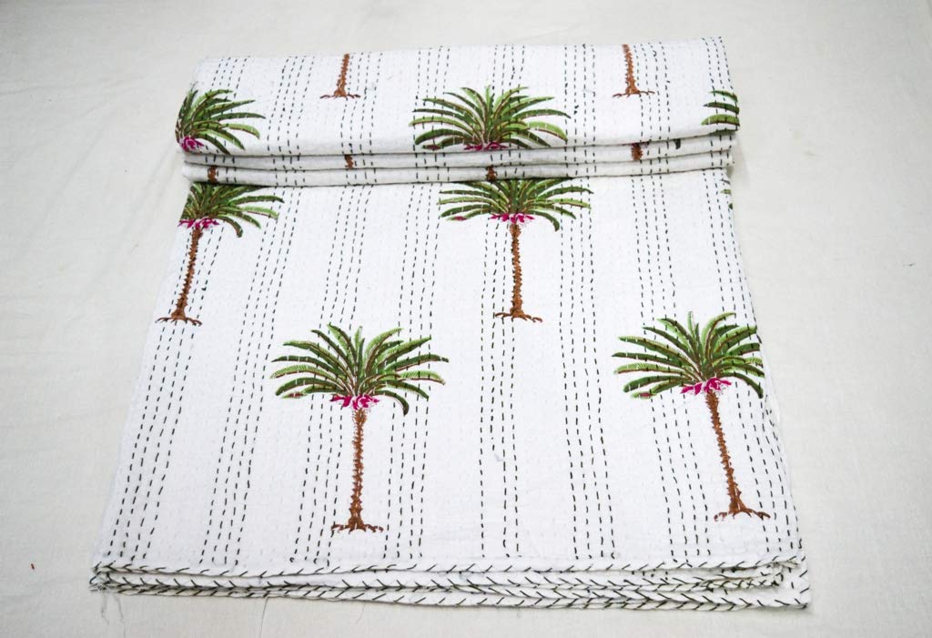 YUVANCRAFTS Indian Block Print Kantha Quilt Throw Bedspread Blanket Cotton Bed Cover Vintage Quilt Boho Quilts Queen Size 90 X 108 Inch, White Palm Tree