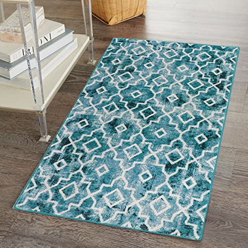 Wonnitar Moroccan Washable Area Rug - Small 2X3 Teal Distressed Entryway Rug Doormat Modern Geometric Non-Slip Throw Rug Faux Wool Floor Carpet For Bathroom Laundry Living Room Indoor Office #TOP6