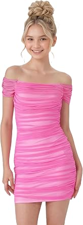 2Bunnies Tween Teen Girls Two-Tone Ruched Convertible Off Shoulder Mini Party Dress