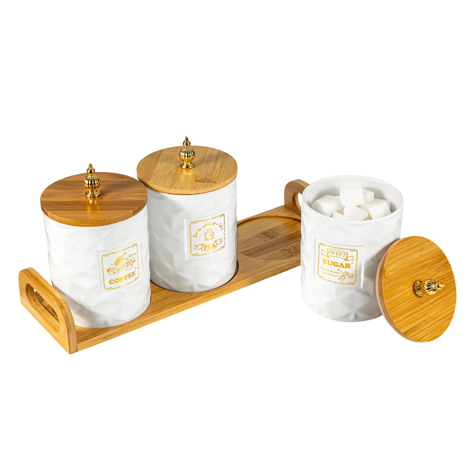 SUNNYNEST Ceramic Coffee Tea Sugar Canisters Set with Bamboo Lid & Tray – 3pcs White Airtight Food Storage Jars, Diamond Textured Ceramic Containers for Farmhouse Kitchen Countertop Decor