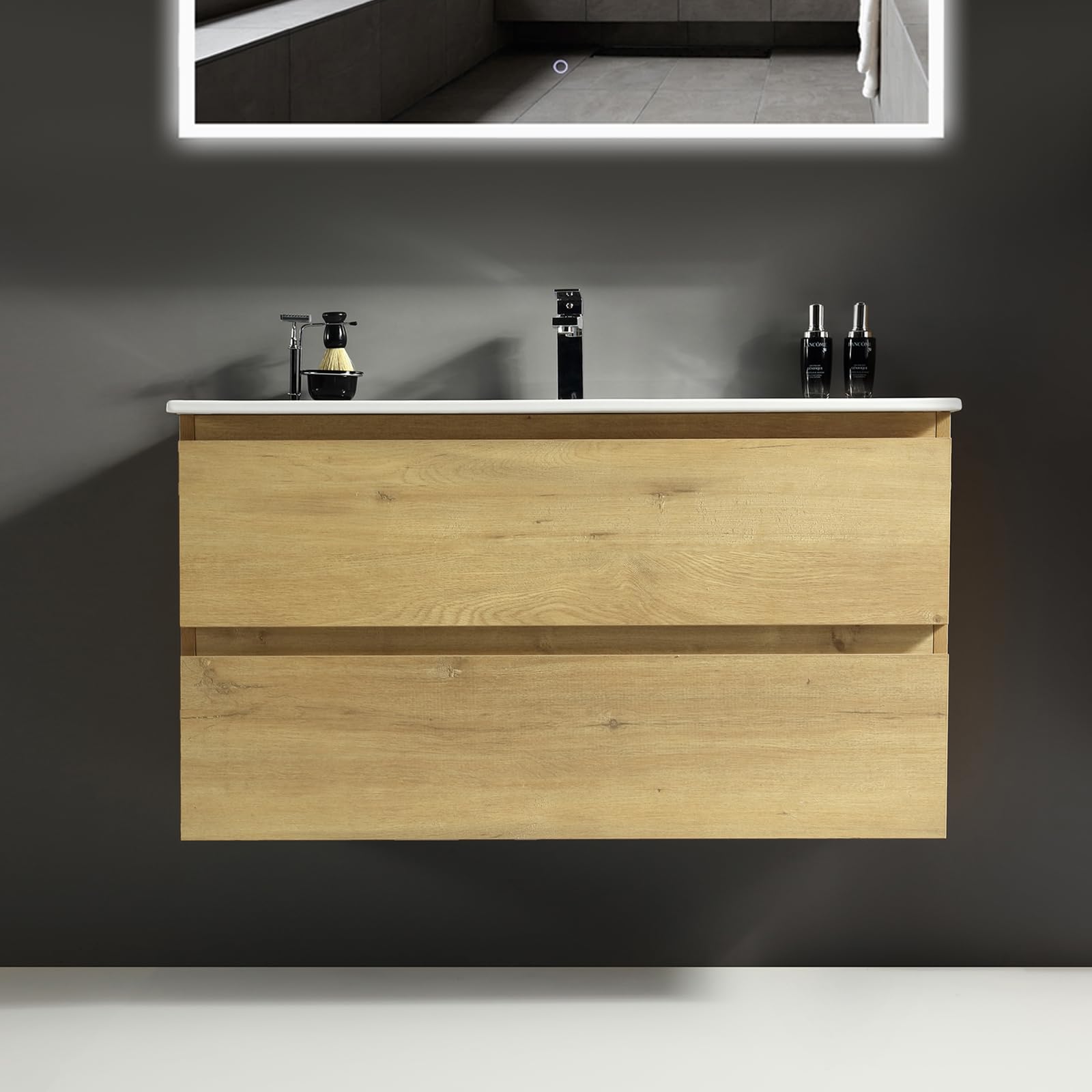 Alpenberger Badmöbel Set mit Waschbecken | Badezimmer Spiegel mit Beleuchtung | Badschrank Hochschrank | Hängeschrank Bad | Waschtisch mit Unterschrank 100cm (Vivento 100 Eiche Natur)
