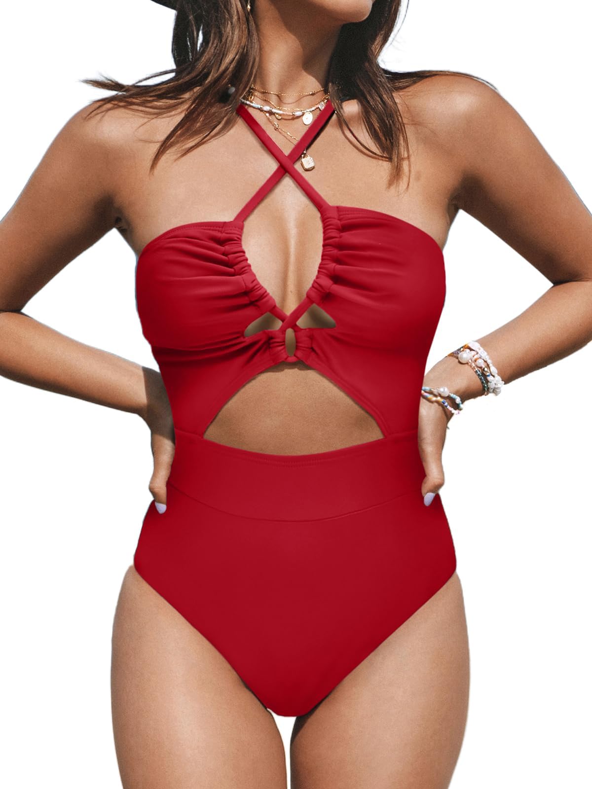 Women's One Piece Swimsuit Sexy Black Cutout Scallop Trim Bathing Suit