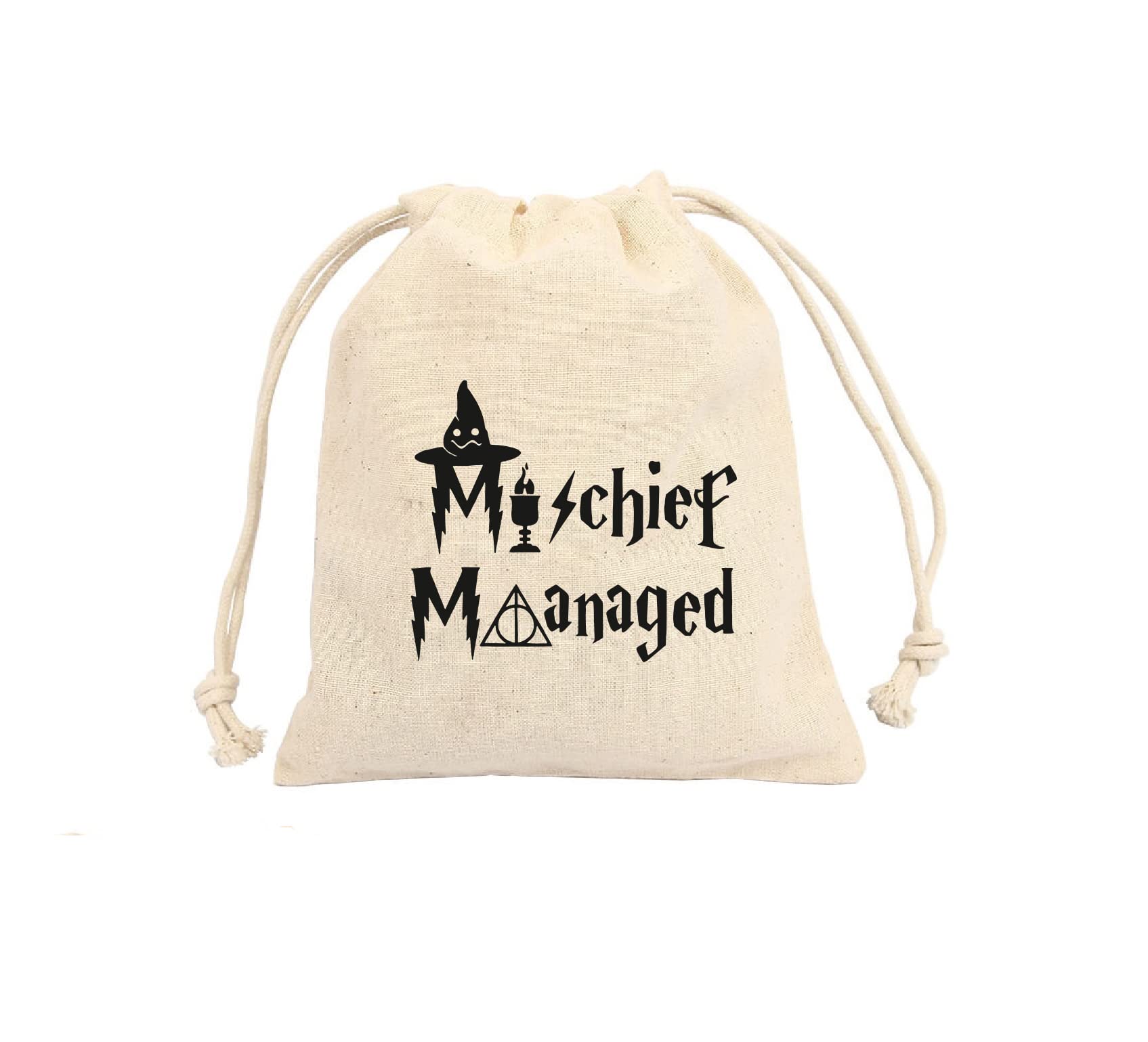 TyM H Mischief Managed printed Party Favor bags - Cotton Drawstring closure - Bachelorette hangover kit bags - Hangover Recover Kit Wedding Party Gift Bags - 5 * 7 Inch bags Set of 10