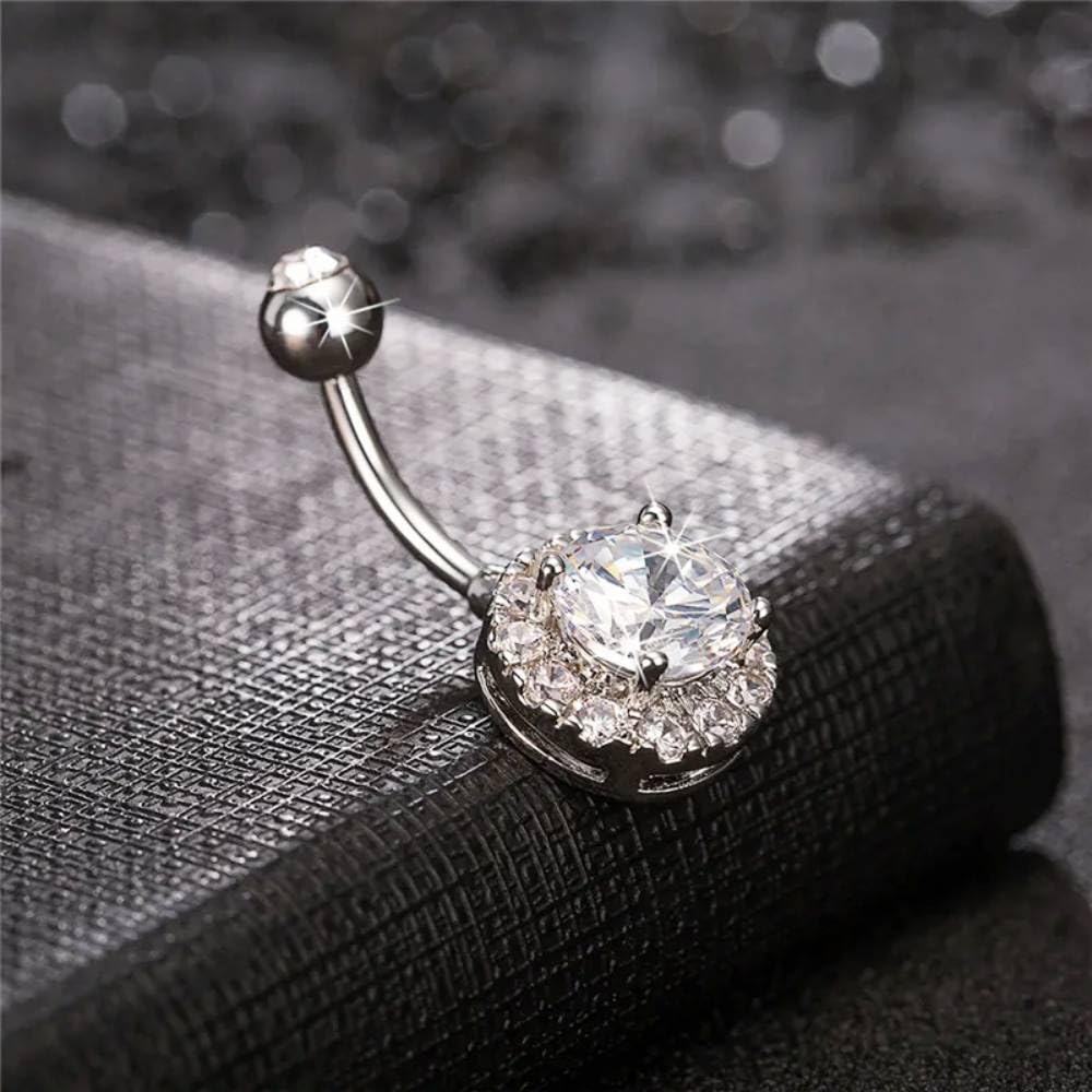 Via Mazzini No-Tarnish No-Rusting Stainless Steel Round Crystal Belly Button Navel Ring For Women and Girls (BB0194) 1 Pc