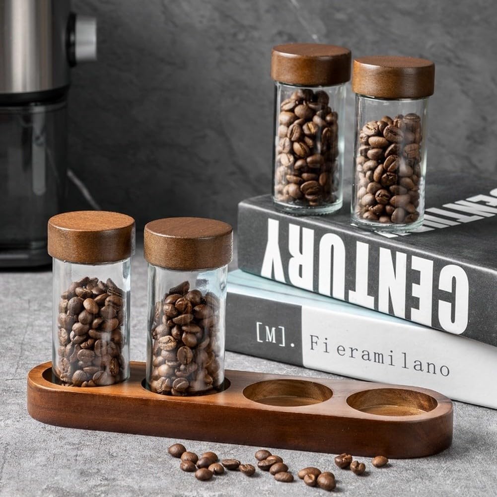 Barattolo ermetico per chicchi di caffè con valvola Degas unidirezionale, coperchio in legno di acacia e corpo in vetro trasparente per un facile monitoraggio (C)