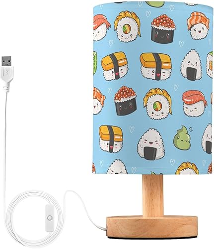 Coikll Lámpara de mesa Kawaii Sushi con puertos USB, lámparas de mesita de noche con pantalla de tela para lectura, dormitorio, sala de estar,