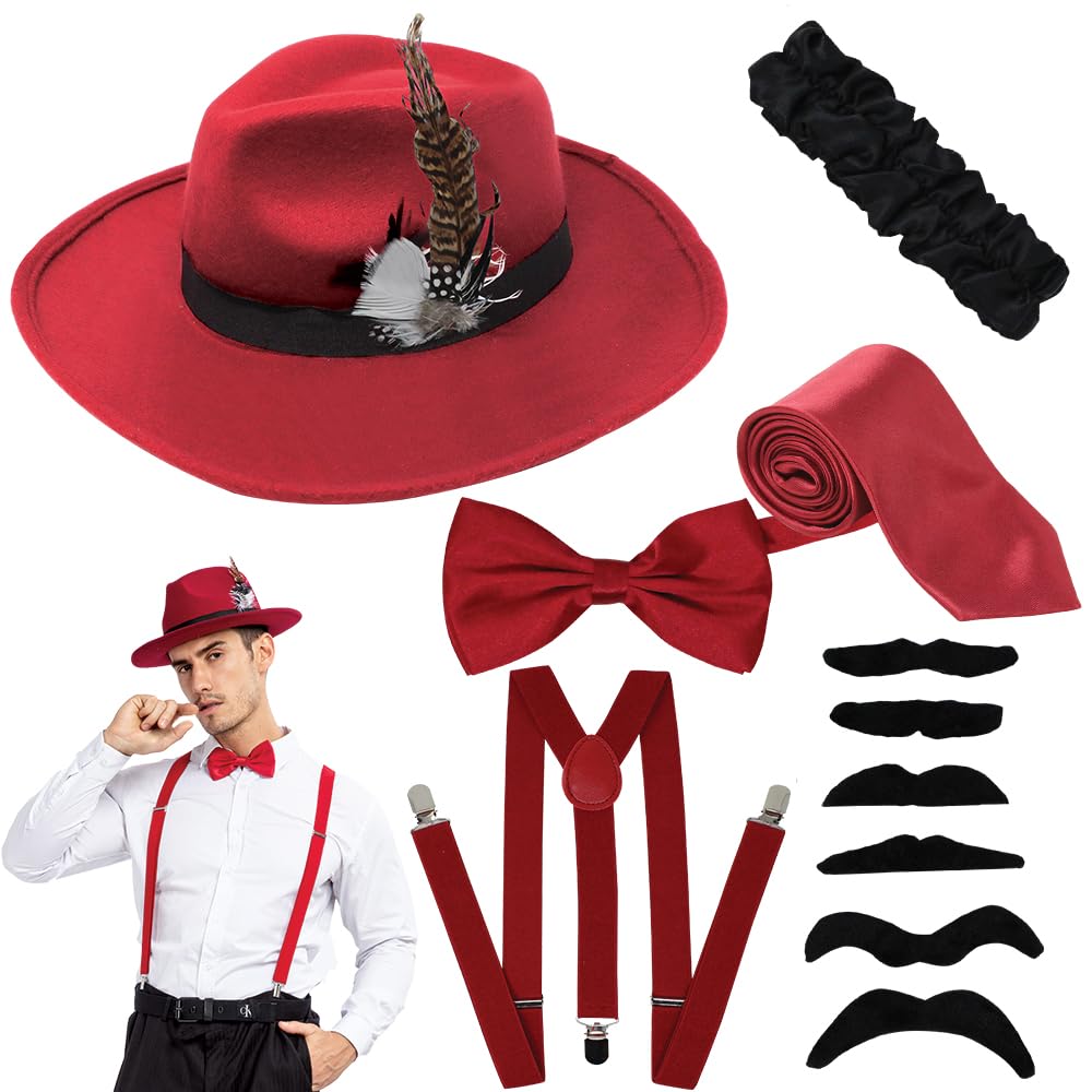 Manhattan 1920s Mens Hat Accessories Gatsby Gangster Retro Hat Suspender Bow Tie Halloween Costume Set