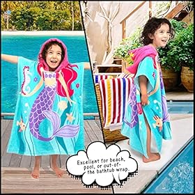 Toddler Hooded Beach Towel Coverup Cape Kids 100% Cotton Soft Quick Dry Absorbent Use for Swim Pool Bath Poncho Towels for 2 to 6 Years Old Children Size 24"x 47" in Full-Length (Fancy Mermai') 61Db A80IjL. SS280